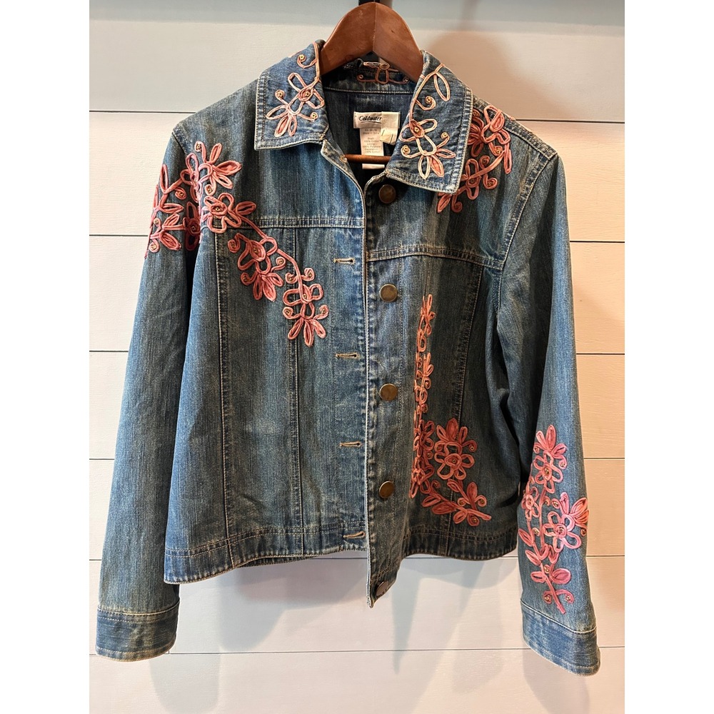 Coldwater Creek Pink Floral Soutache Embroidered Denim Jacket Petite Large PL